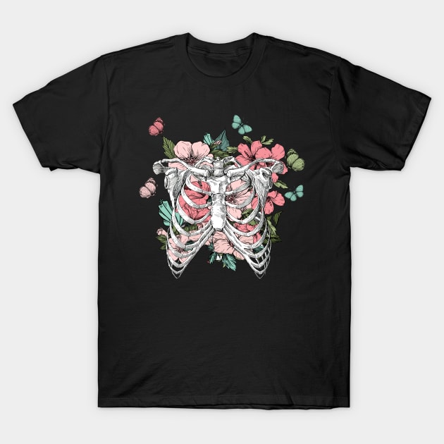 Blooming flowers human ribcage with butterflies T-Shirt by Dr.Bear